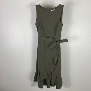 Army Green Calvin Klein Ruffled Modest Dress, Size 6